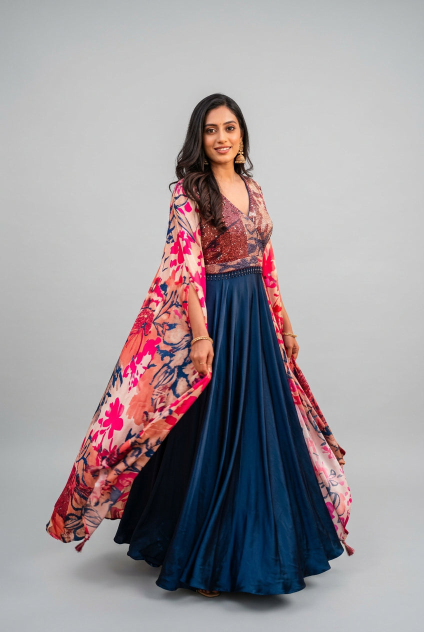 Midnight Blue and Crimson Floral Cape Gown