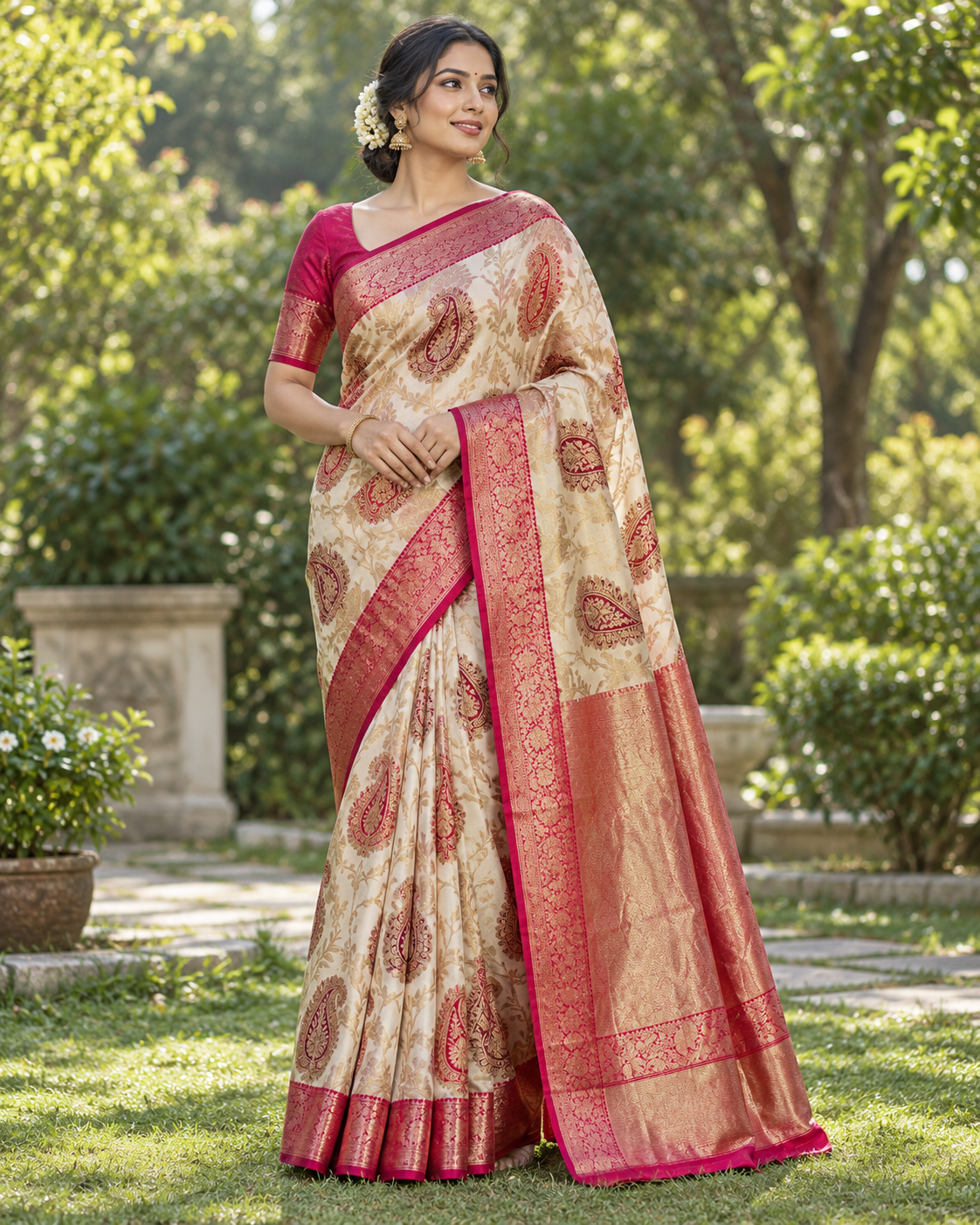 Golden Banarasi-Style Saree with Rani Pink Paisley Motifs Main image
