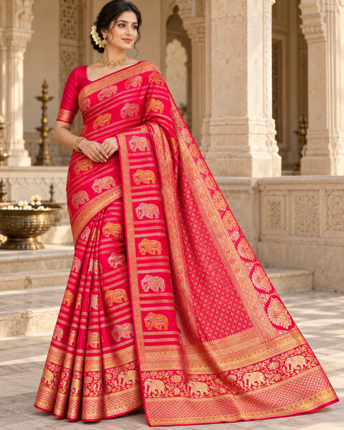 Vibrant Pink Elephant Motifs Saree