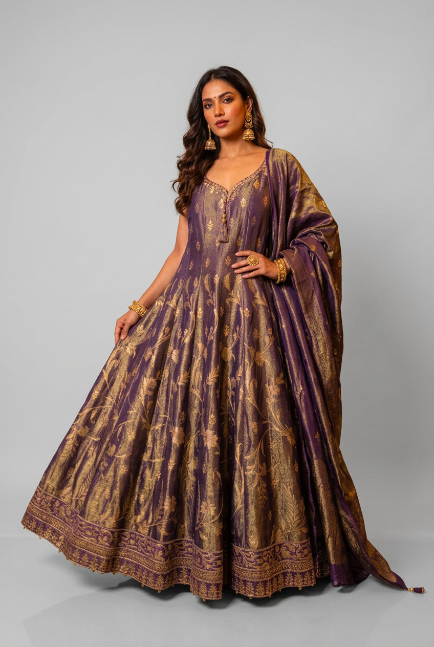 Royal Plum Brocade Anarkali Gown Set Main image