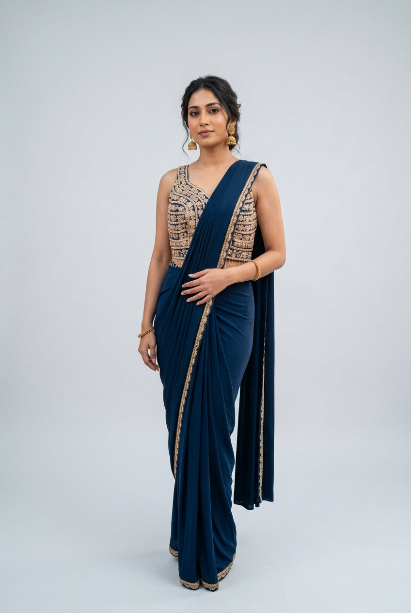 Midnight Blue Designer Pre Draped Saree Main image