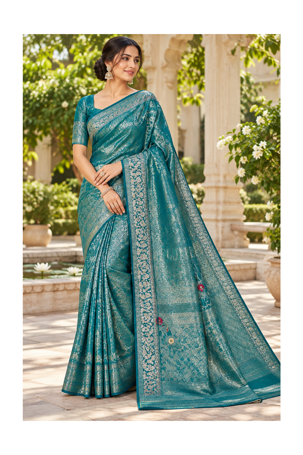 Peacock Teal Banarasi Woven Silk Saree Main image