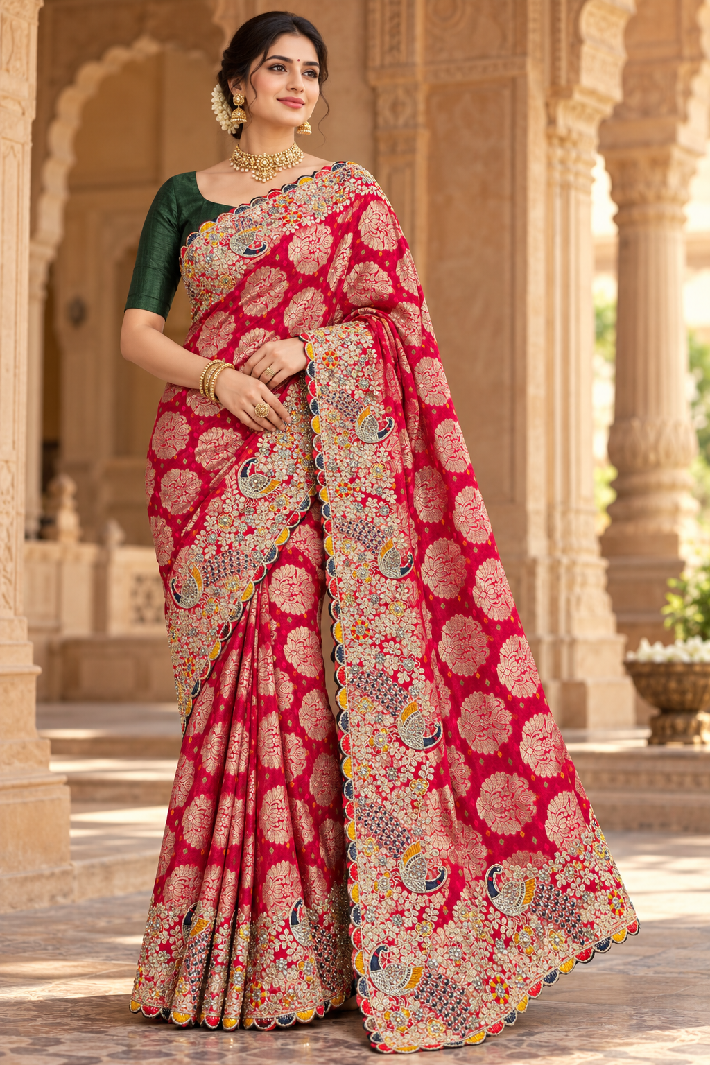 Crimson Red Floral and Peacock Motif Saree