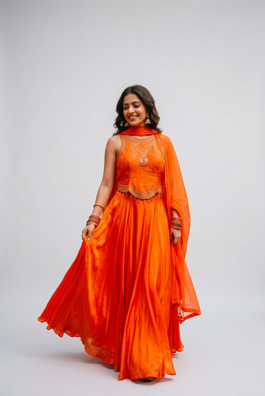 Radiant Tangerine Embroidered Crop Top and Pleated Skirt Set Main image
