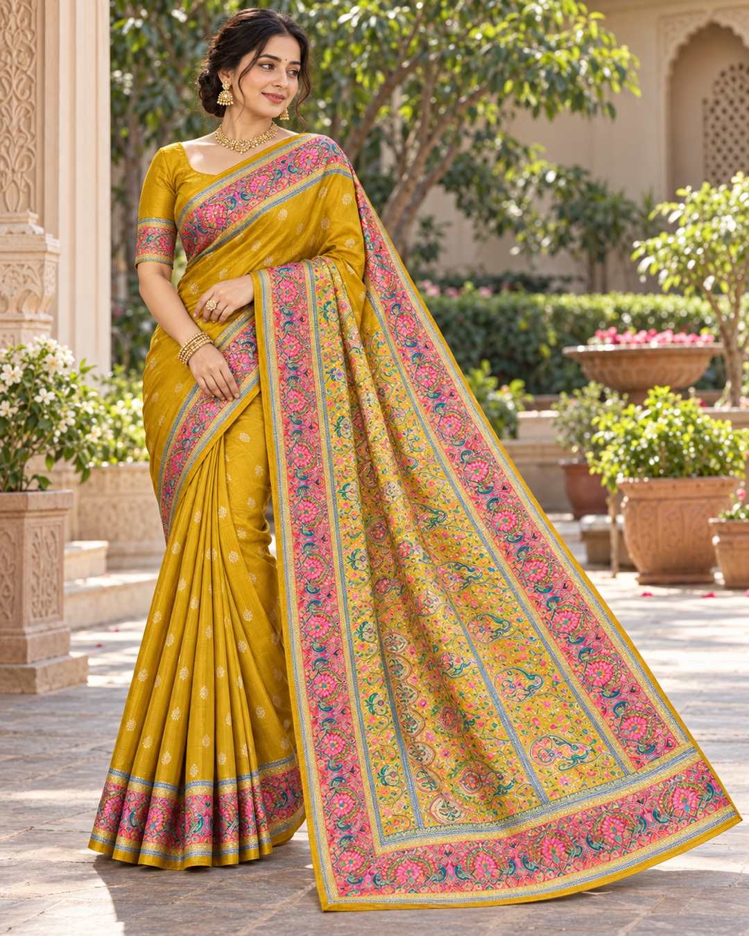 Mustard Yellow Silk Saree with Floral Embroidered Border Main image