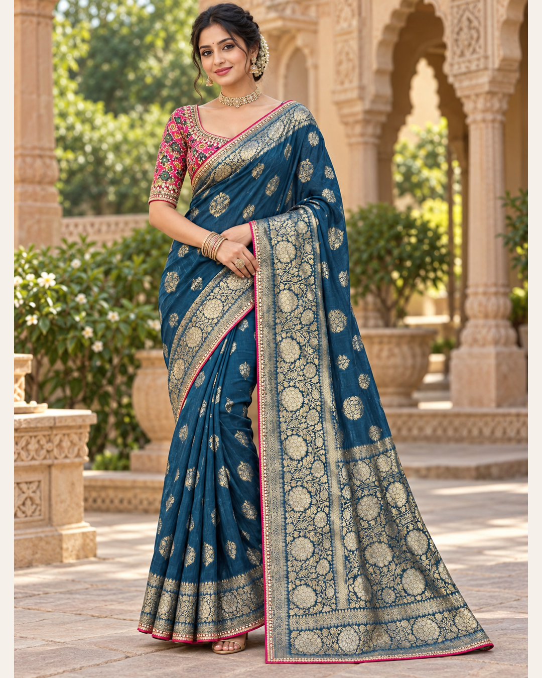Royal Blue & Silver Floral Woven Saree Main image