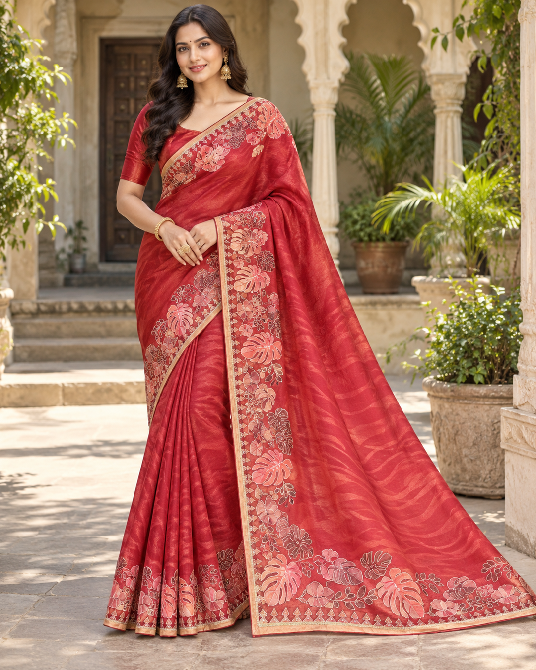 Red Silk Blend Saree with Floral Border Main image