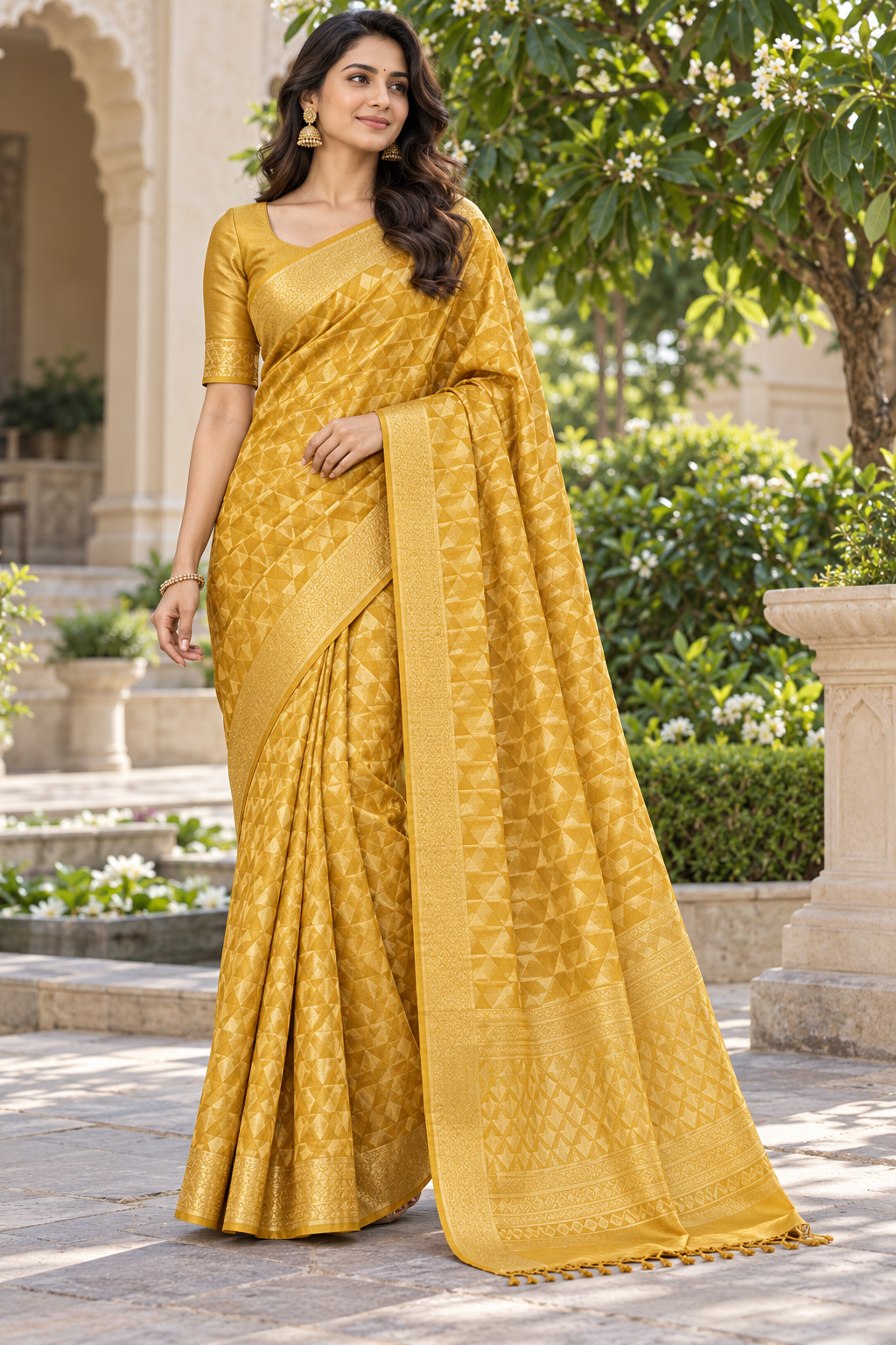 Golden Yellow Silk Saree with All-Over Geometric Diamond Weave & Woven Zari Border Main image