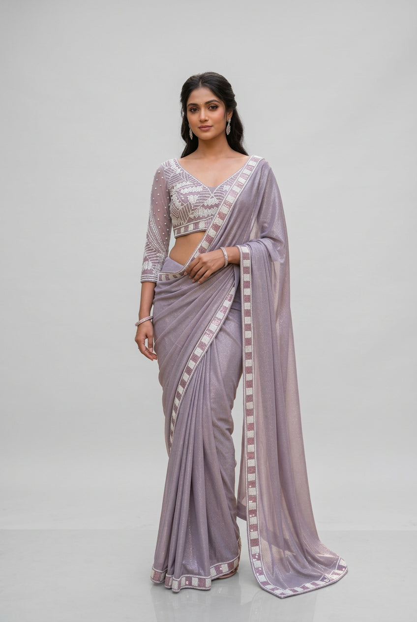 Lavender Shimmer Pre-Draped Saree Main image