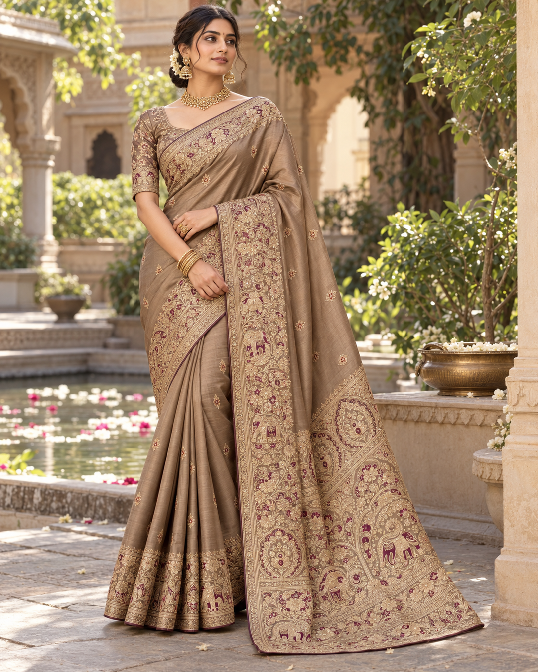 Mocha Brown Silk Saree with Antique Gold Zari & Plum Meenakari Elephant Embroidery