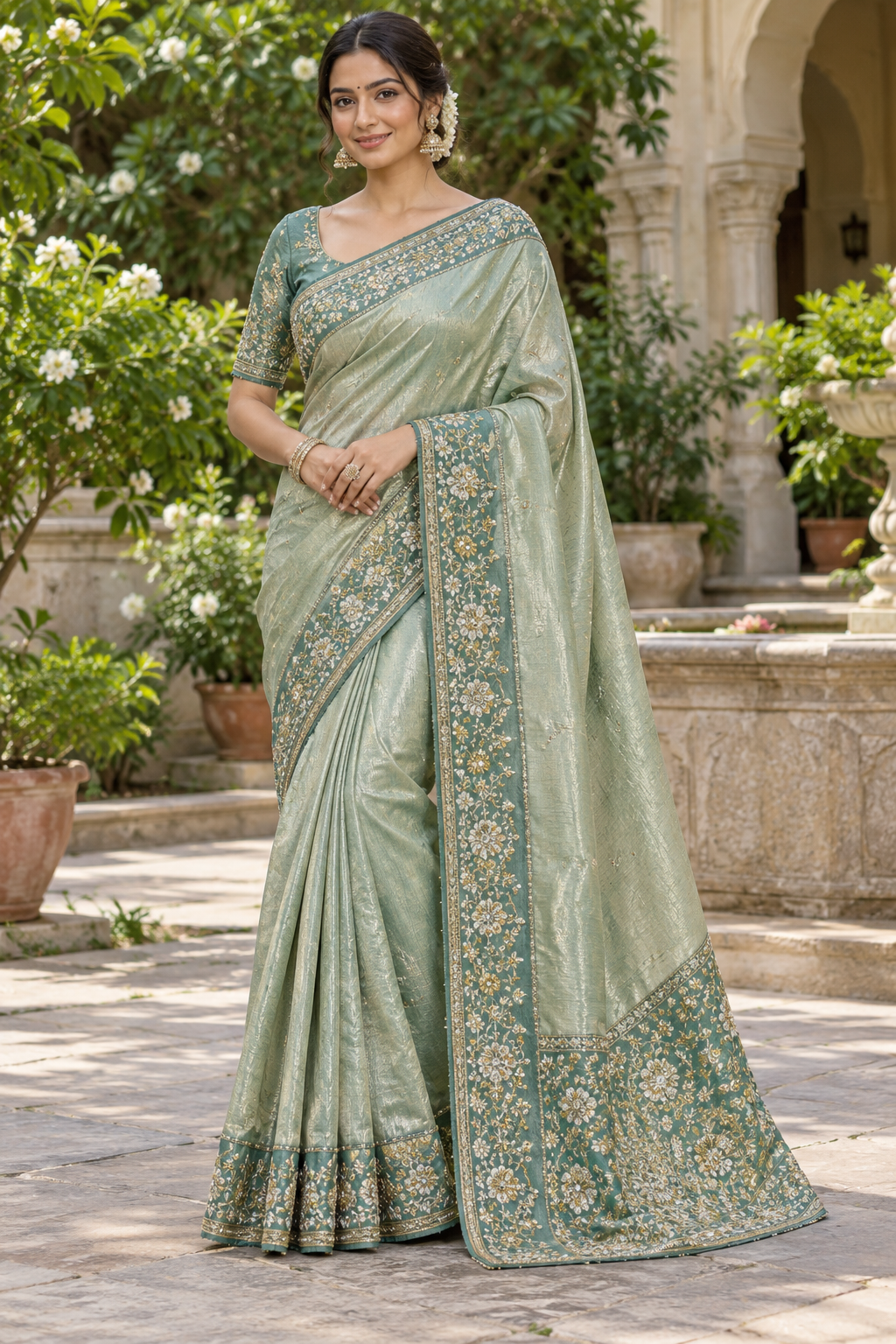 Sage Green Zari Embroidered Saree Main image