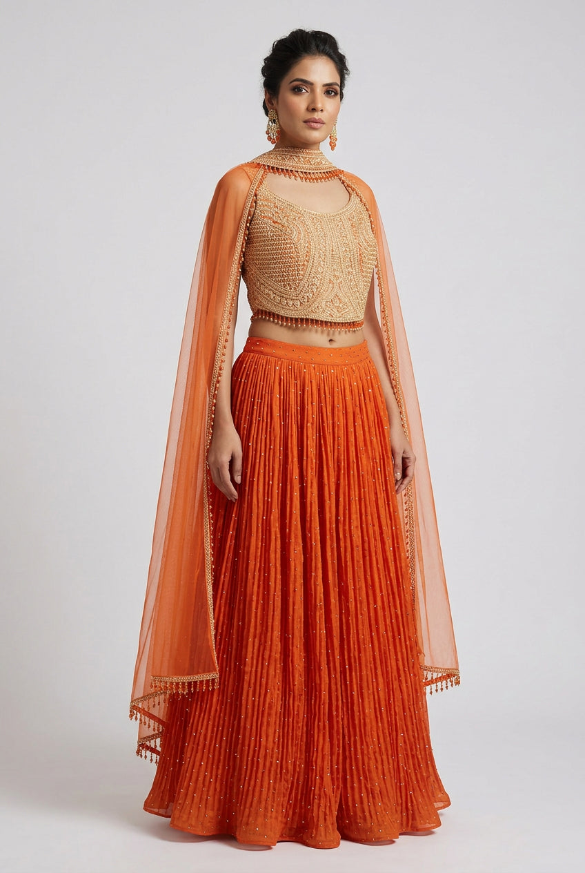 Sunset Orange Embellished Crop Top and Pleated Skirt Set