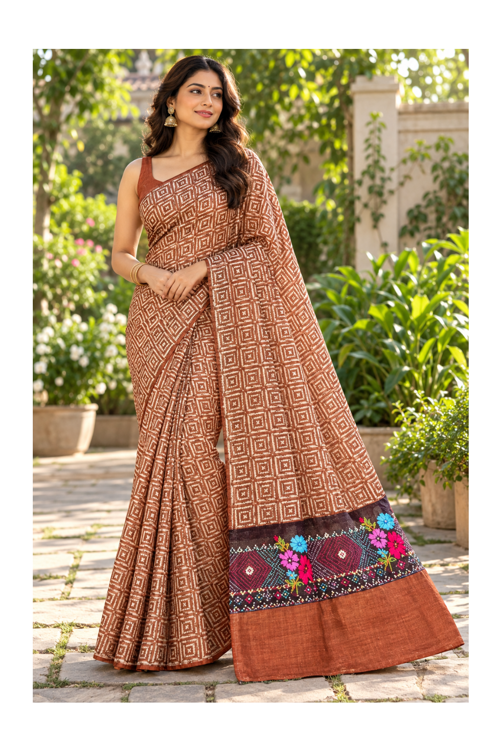 Rust Brown Geometric Block Printed Saree Main image