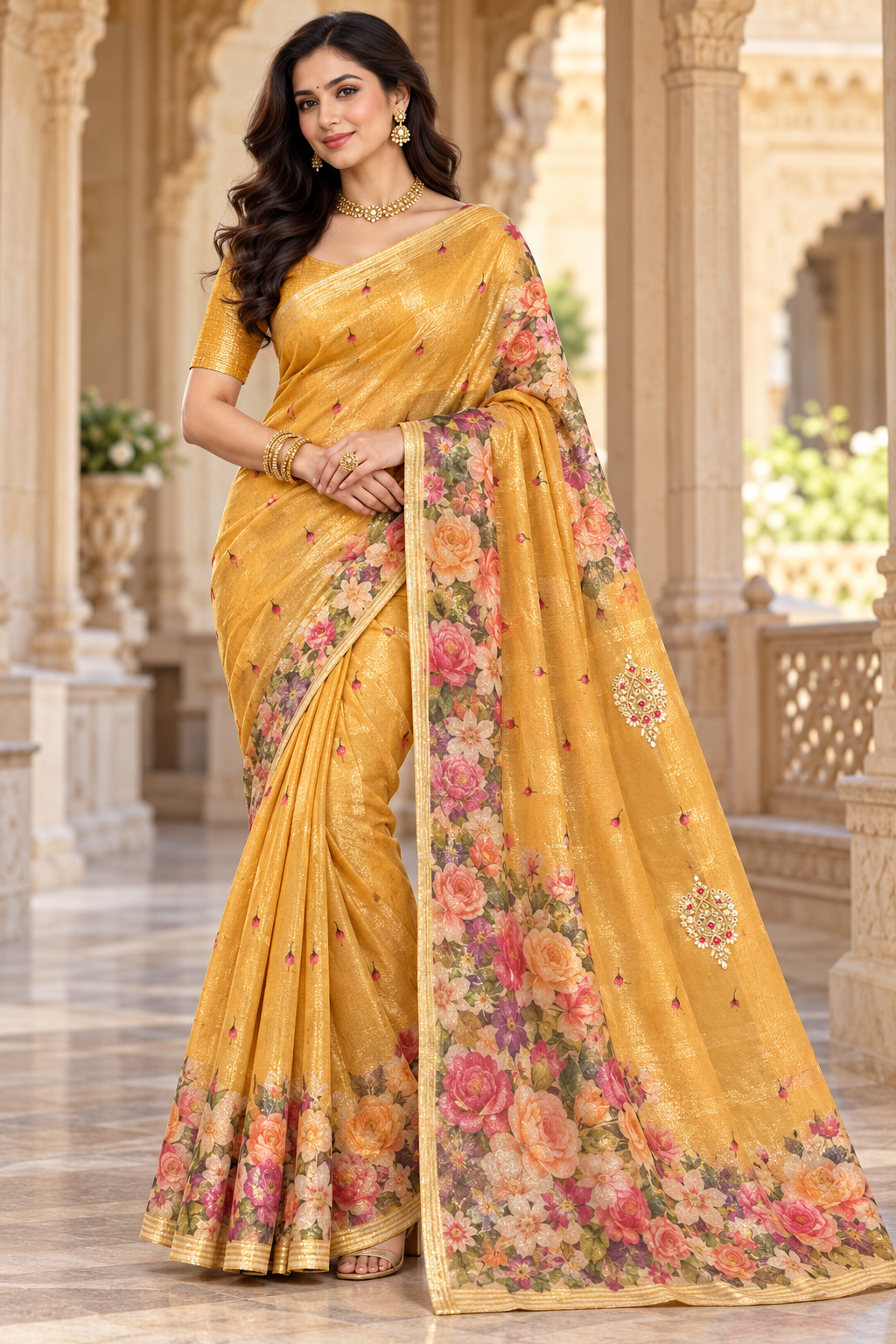Golden Yellow Floral Printed Saree Main image