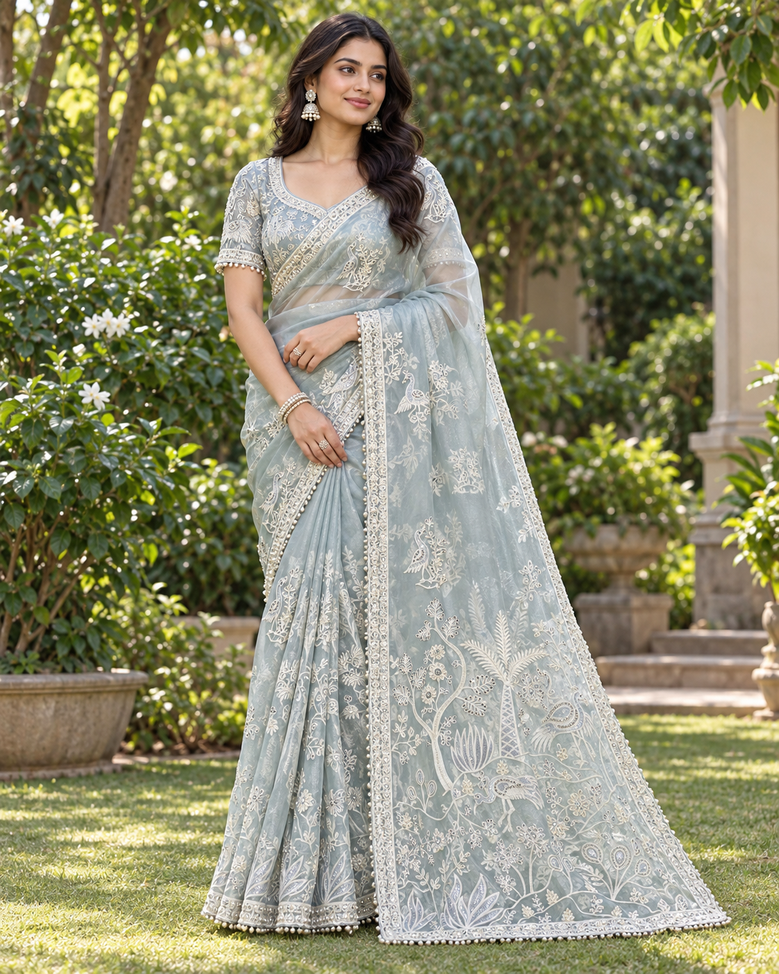 Powder Blue Threadwork Organza Saree