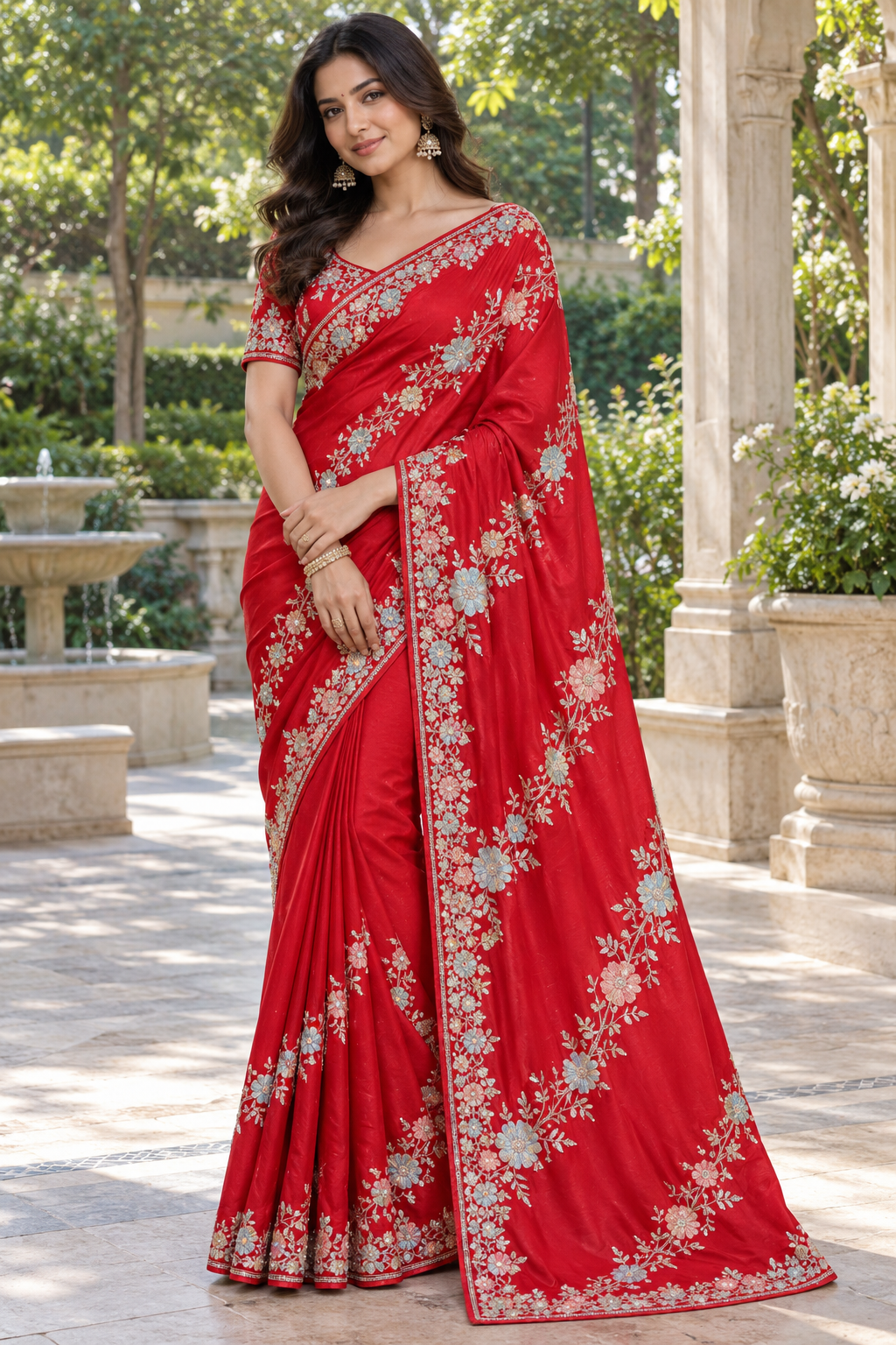 Vibrant Crimson Red Silk Saree with Powder Blue & Peach Resham Floral Embroidery Main image
