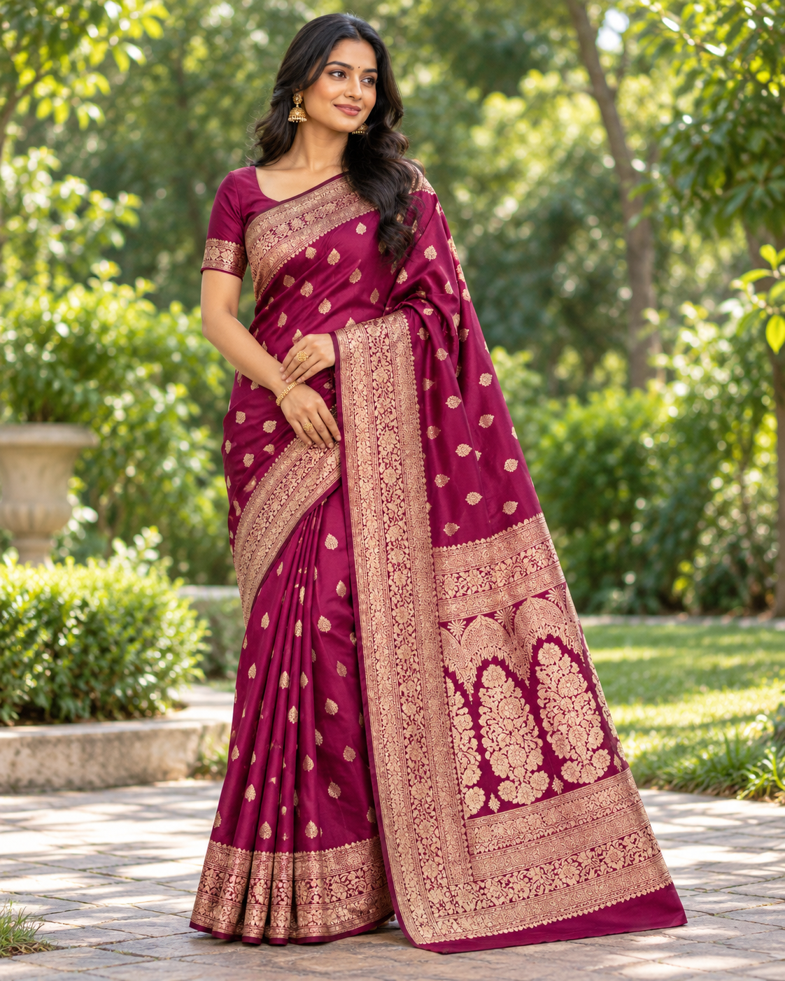 Maroon Banarasi-Style Saree with Rose Gold Zari Butta Motifs Main image
