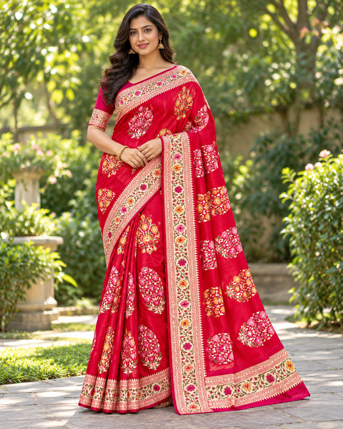 Red Designer Saree with Multicolour Floral Butta Motifs Main image