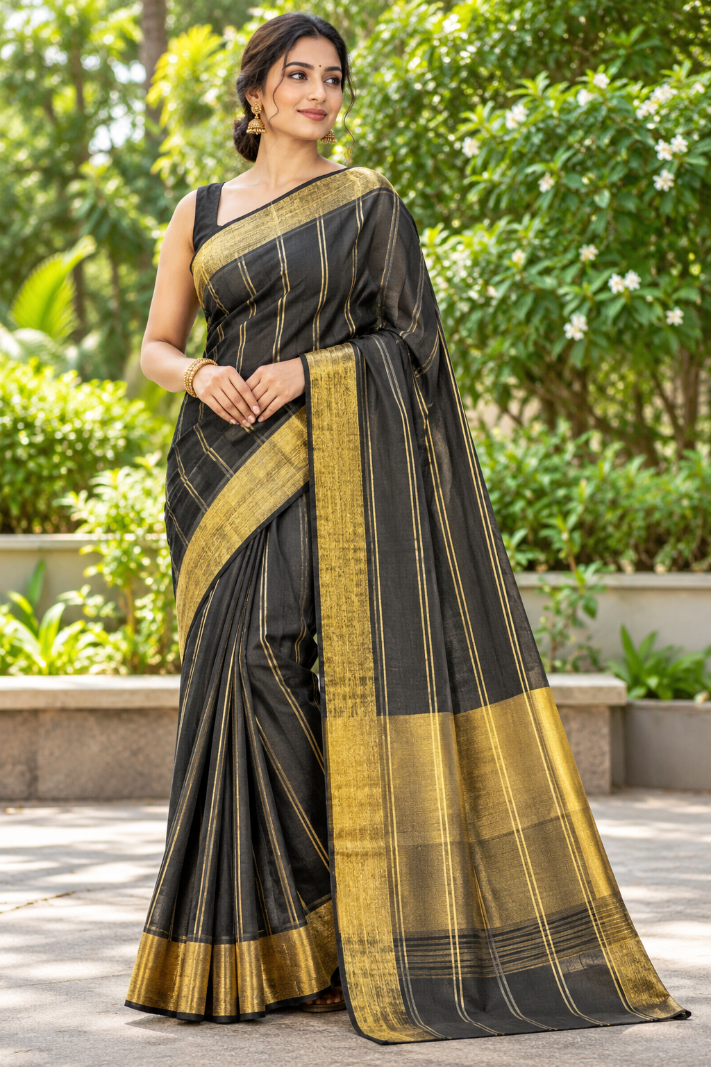 Midnight Black Gold Stripe Saree