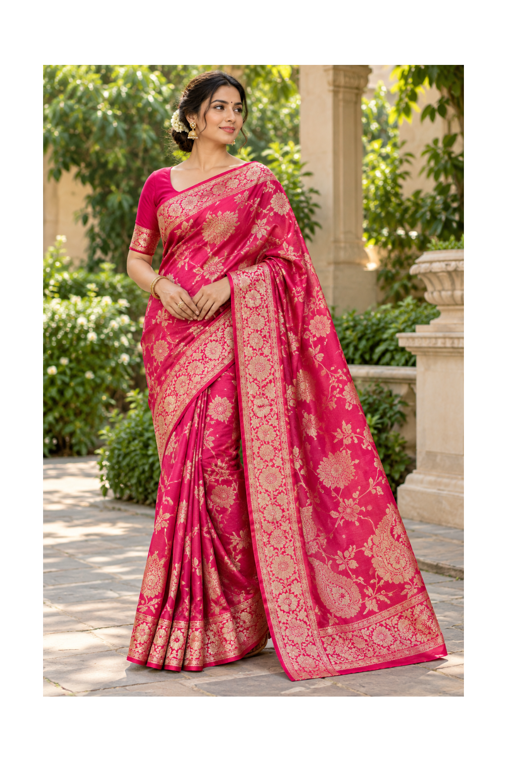 Rani Pink Gold Zari Banarasi Silk Saree