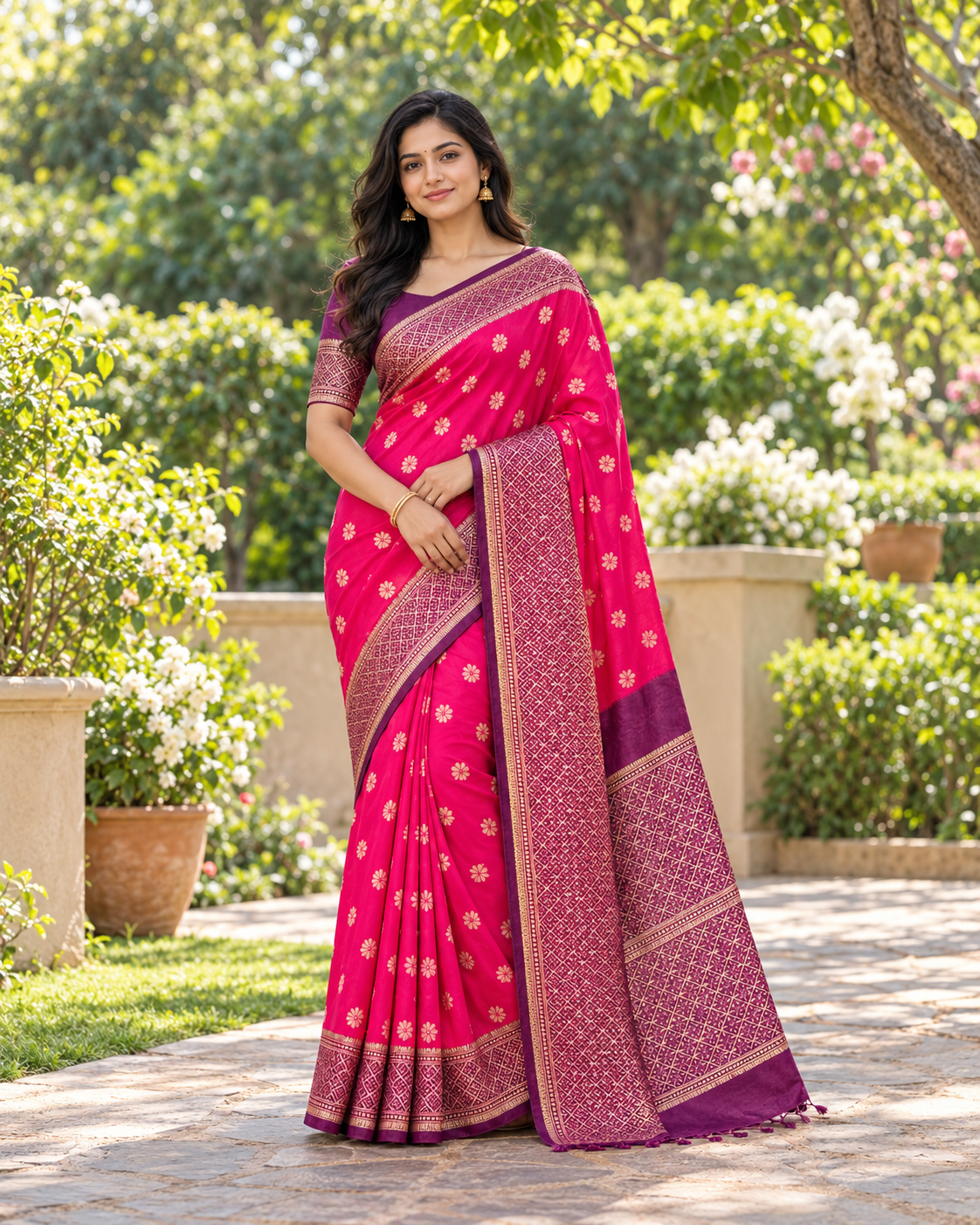 Elegent Rani Pink Banarasi-Style Saree with Golden Floral Butta Motifs