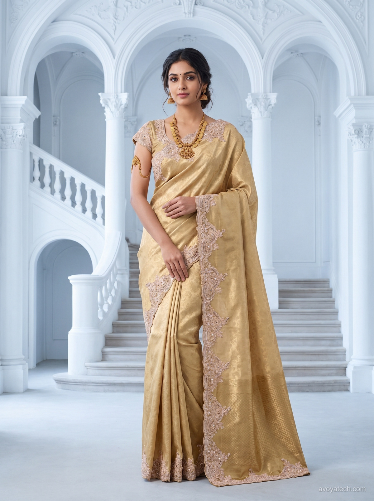 Pale Champagne Gold Tissue Silk Saree with Intricate Silver Threadwork Cutwork Border
