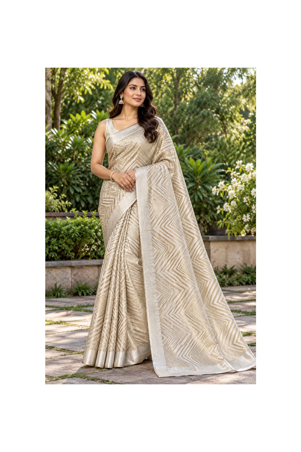 Champagne Gold Geometric Tissue Saree Main image