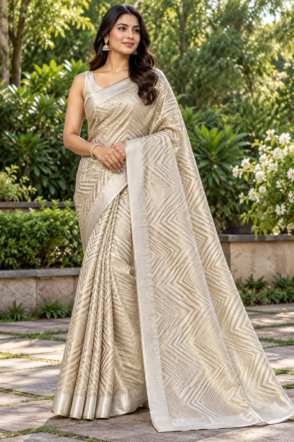 Champagne Gold Geometric Tissue Saree