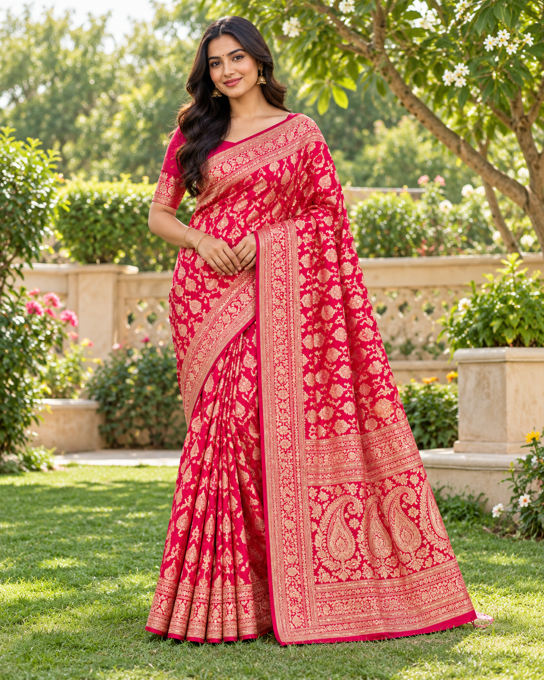 Royal Rani Pink Banarasi-Style Saree with Golden Zari Floral Butta Motifs Main image