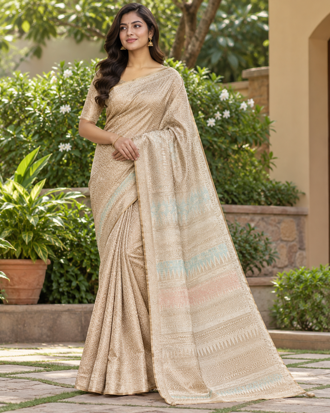 Champagne Gold Tissue Silk Saree with All-Over Intricate Weave & Pastel-Accented Pallu