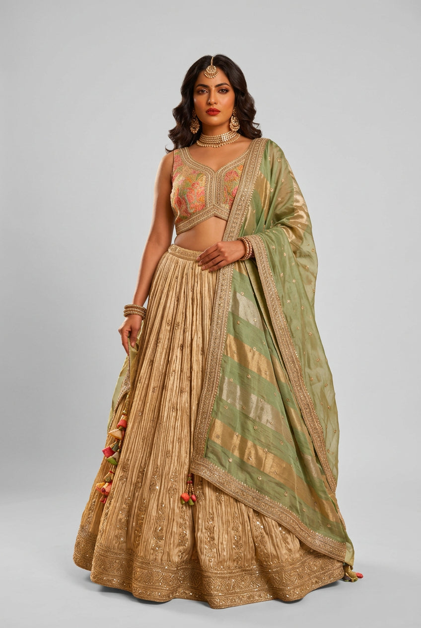 Opulent Gold and Sage Green Lehenga Ensemble
