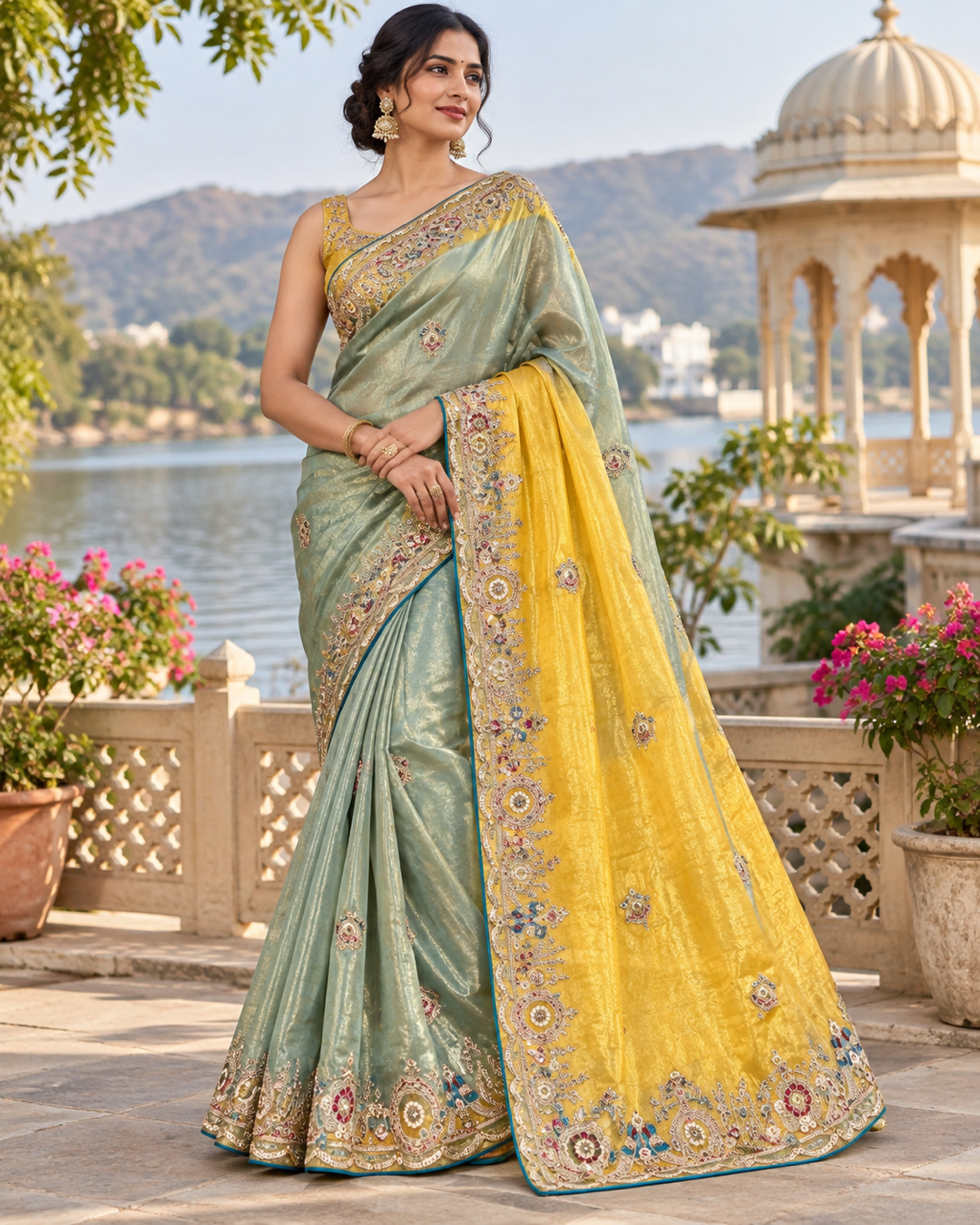 Sage Green and Golden Yellow Saree with Embroidered Floral Motifs Main image