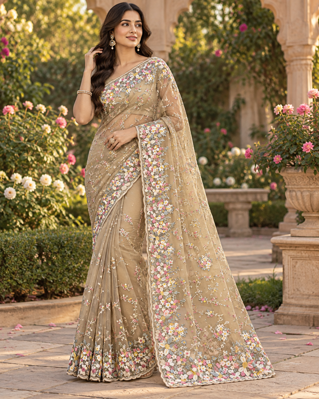 Champagne Gold Floral Embroidered Net Saree Main image