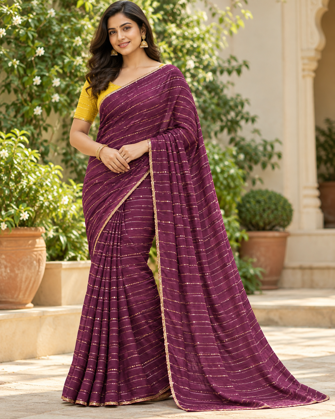 Coral Red Sequined Saree with Green Embroidered Blouse