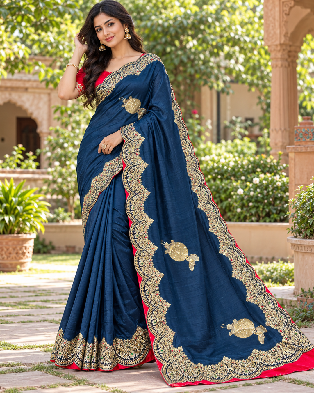 Royal Navy Blue Silk Saree with Gold Zardozi Medallions & Floral Scalloped Cutwork Border