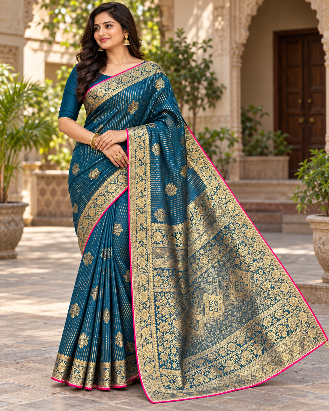 Peacock Blue Silk Saree with Gold Zari Brocade & Pink Piping