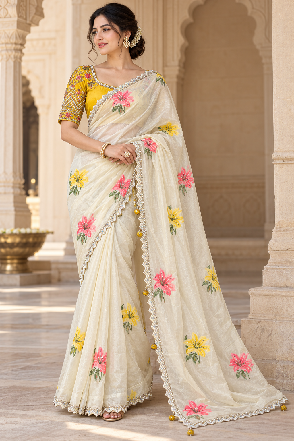Ivory Floral Painted Saree With Scalloped Zari Border Main image
