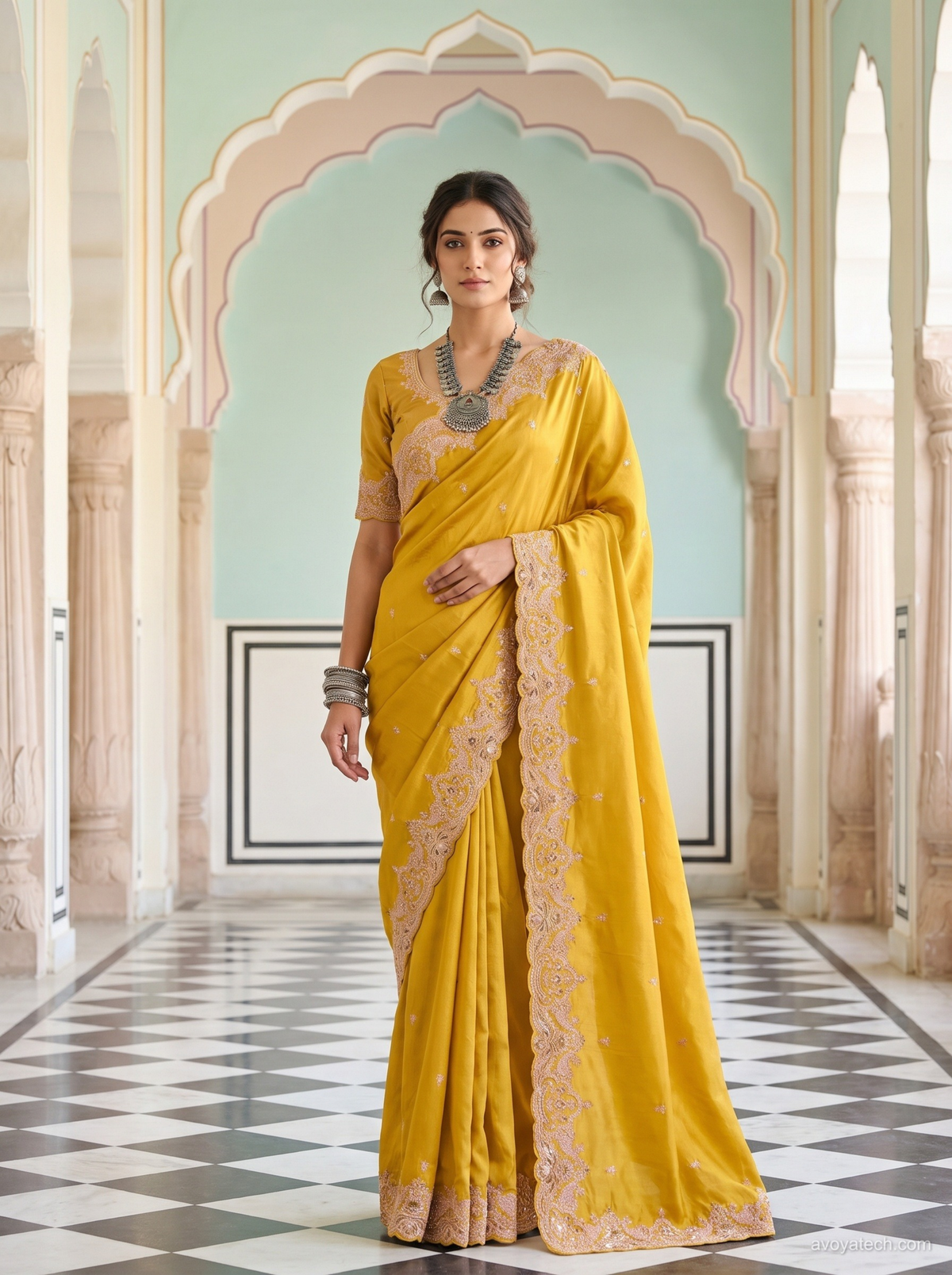 Mustard Yellow Silk Embroidered Saree with Scalloped Zari Cutwork Border