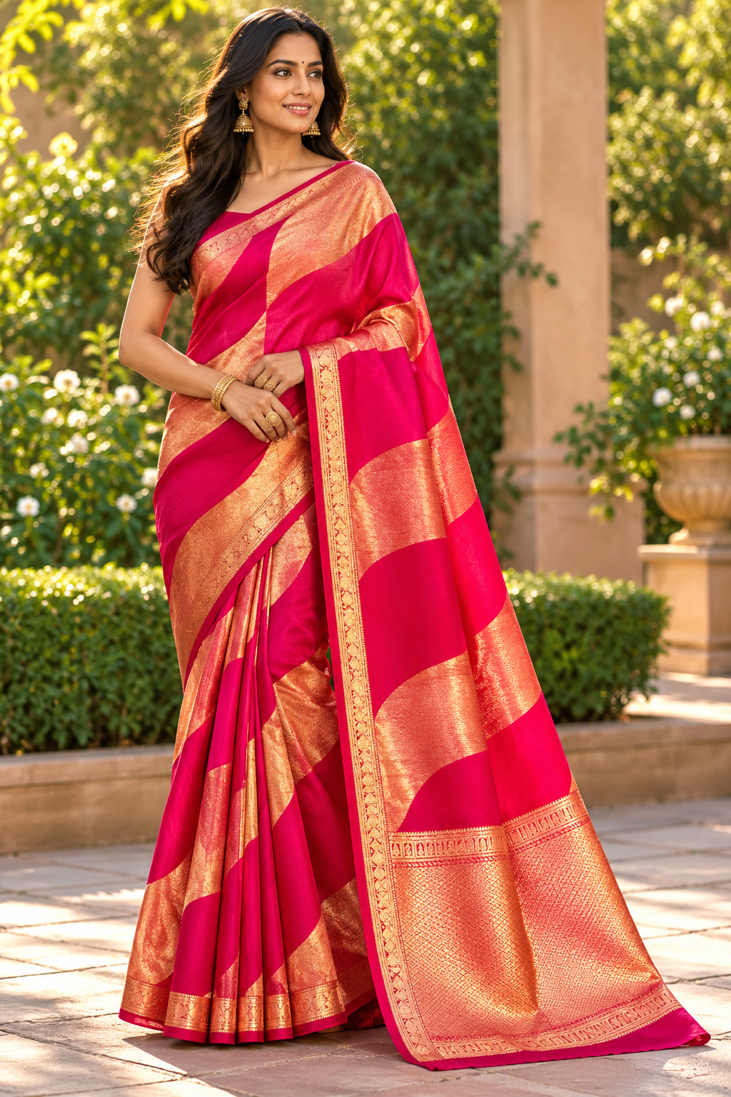 Vibrant Magenta Silk Saree with Broad Bold Gold Zari Leheriya Stripes & Banarasi Pallu
