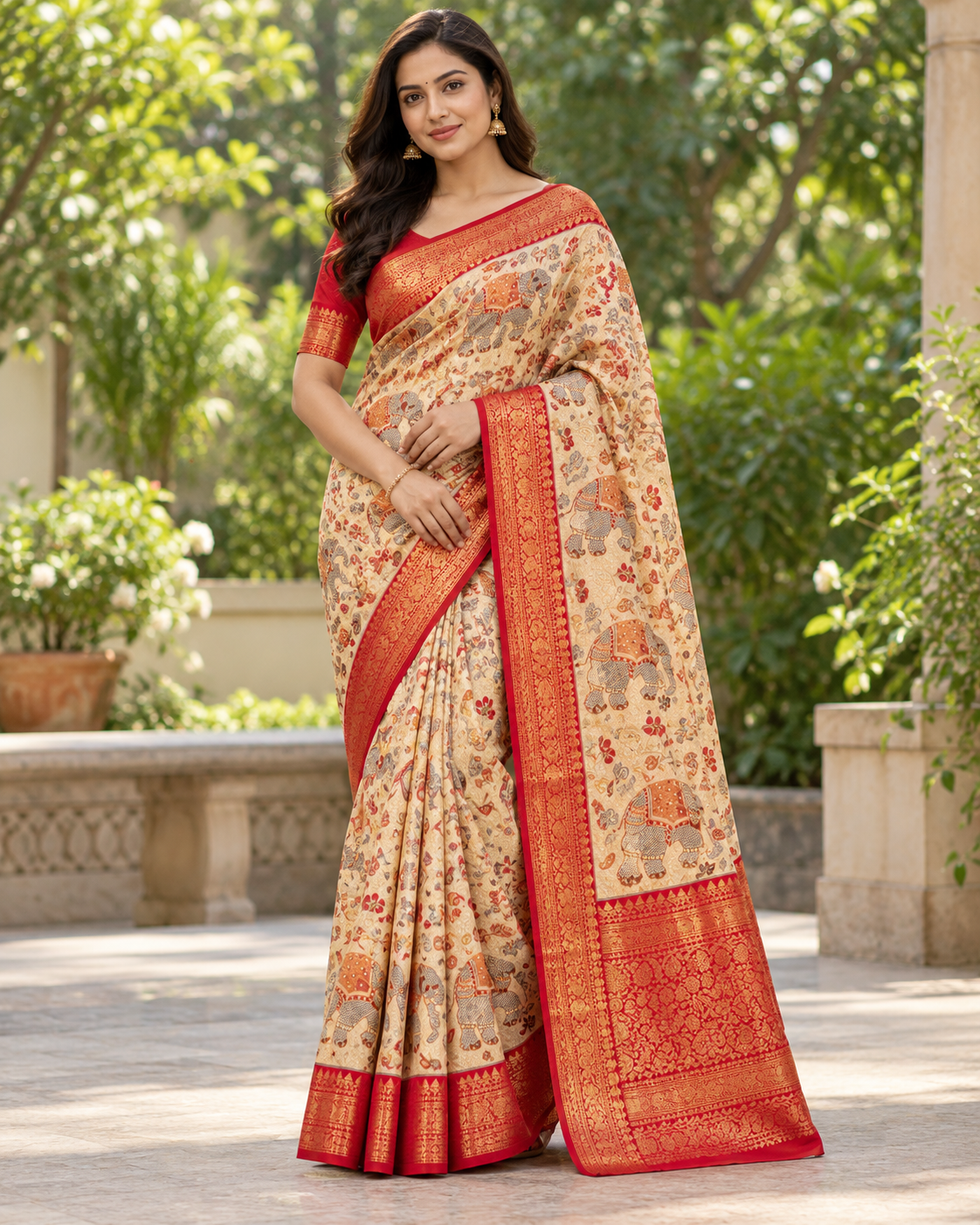 Beige & Red Elephant Print Saree with Rich Golden Zari Border Main image