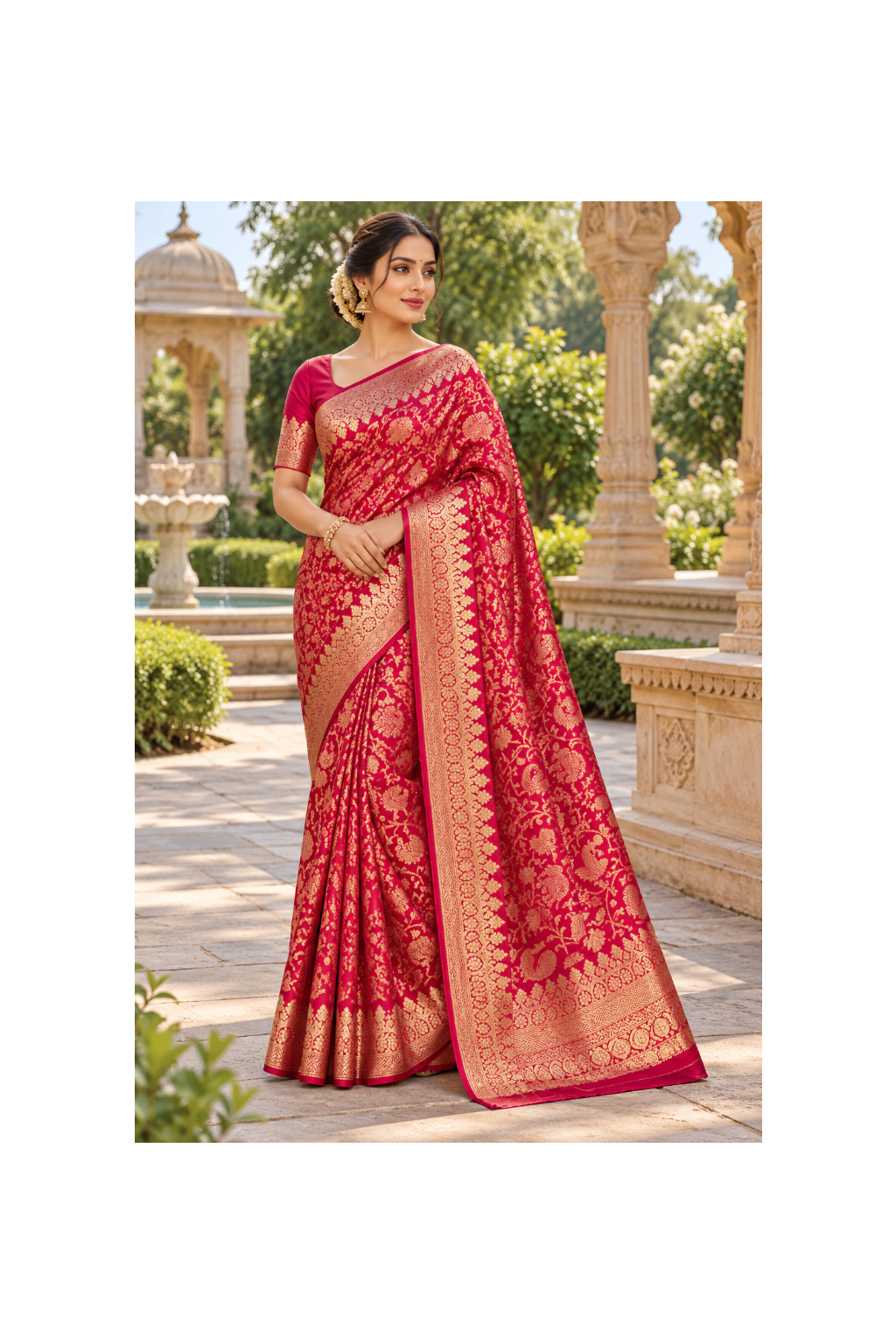 Crimson Pink Floral Silk Saree Main image