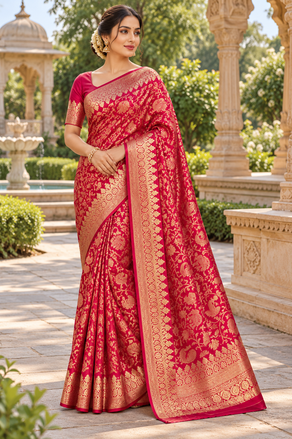 Crimson Pink Floral Silk Saree