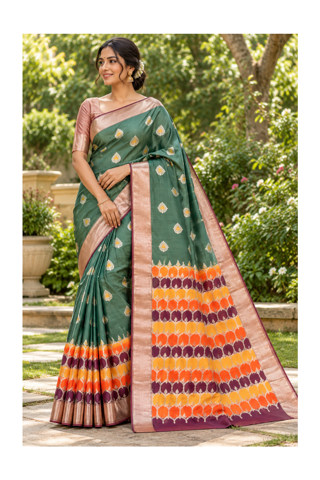 Olive Green Silk Saree with Vibrant Border Main image