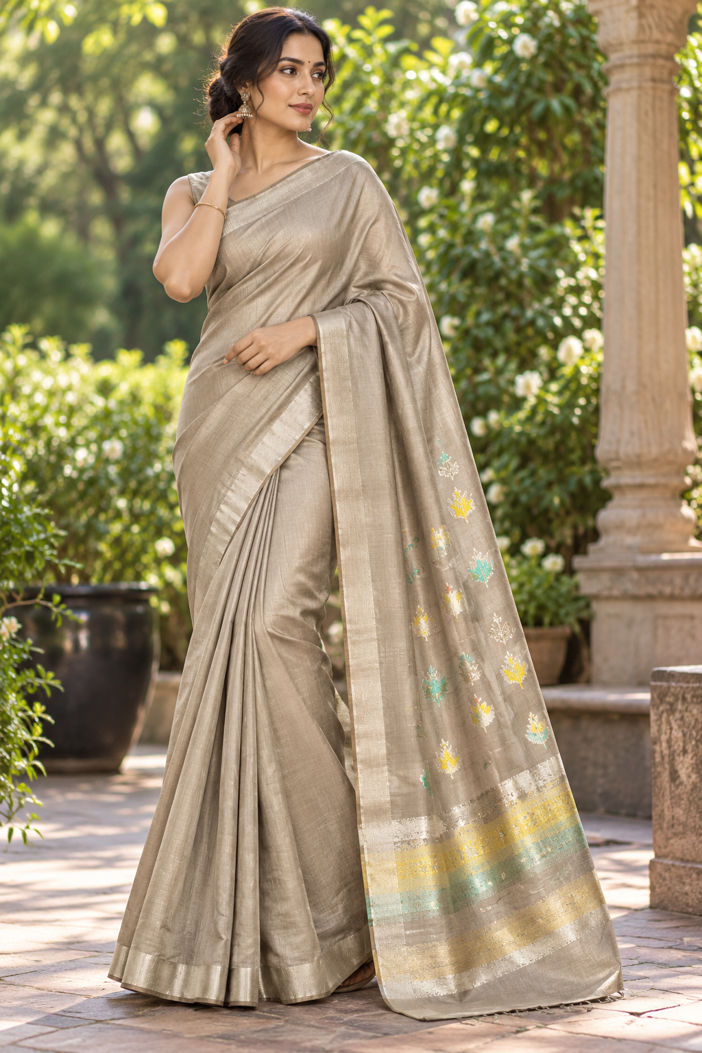 Taupe Gold Embroidered Tissue Saree