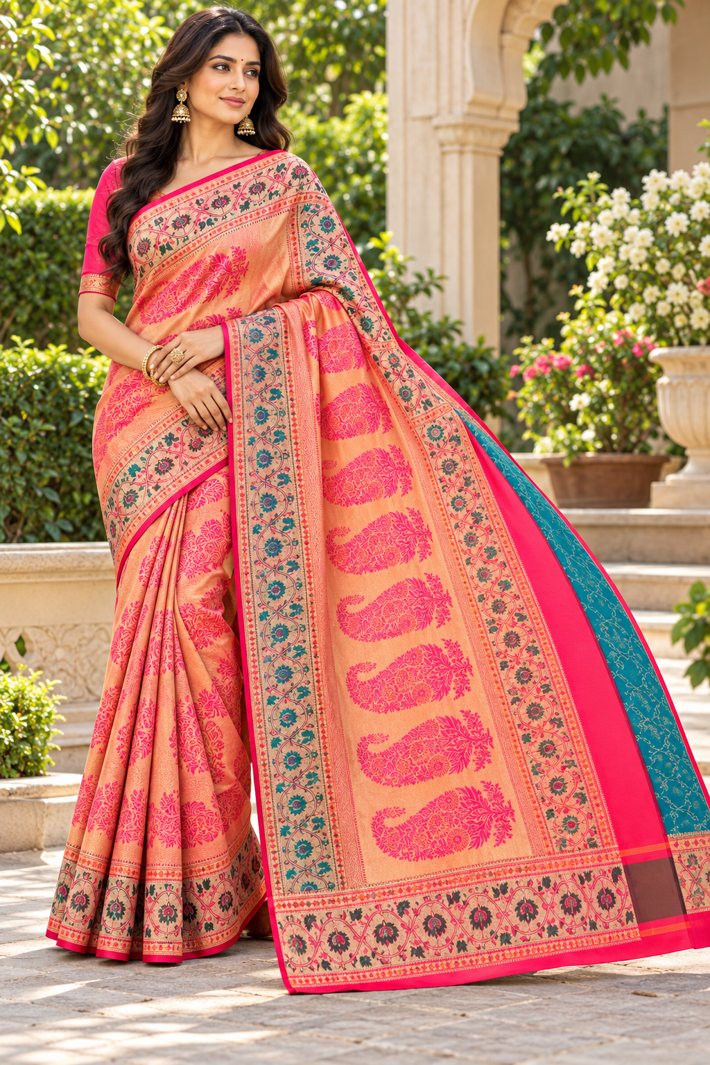 Peach Pink Floral Paithani Saree Main image