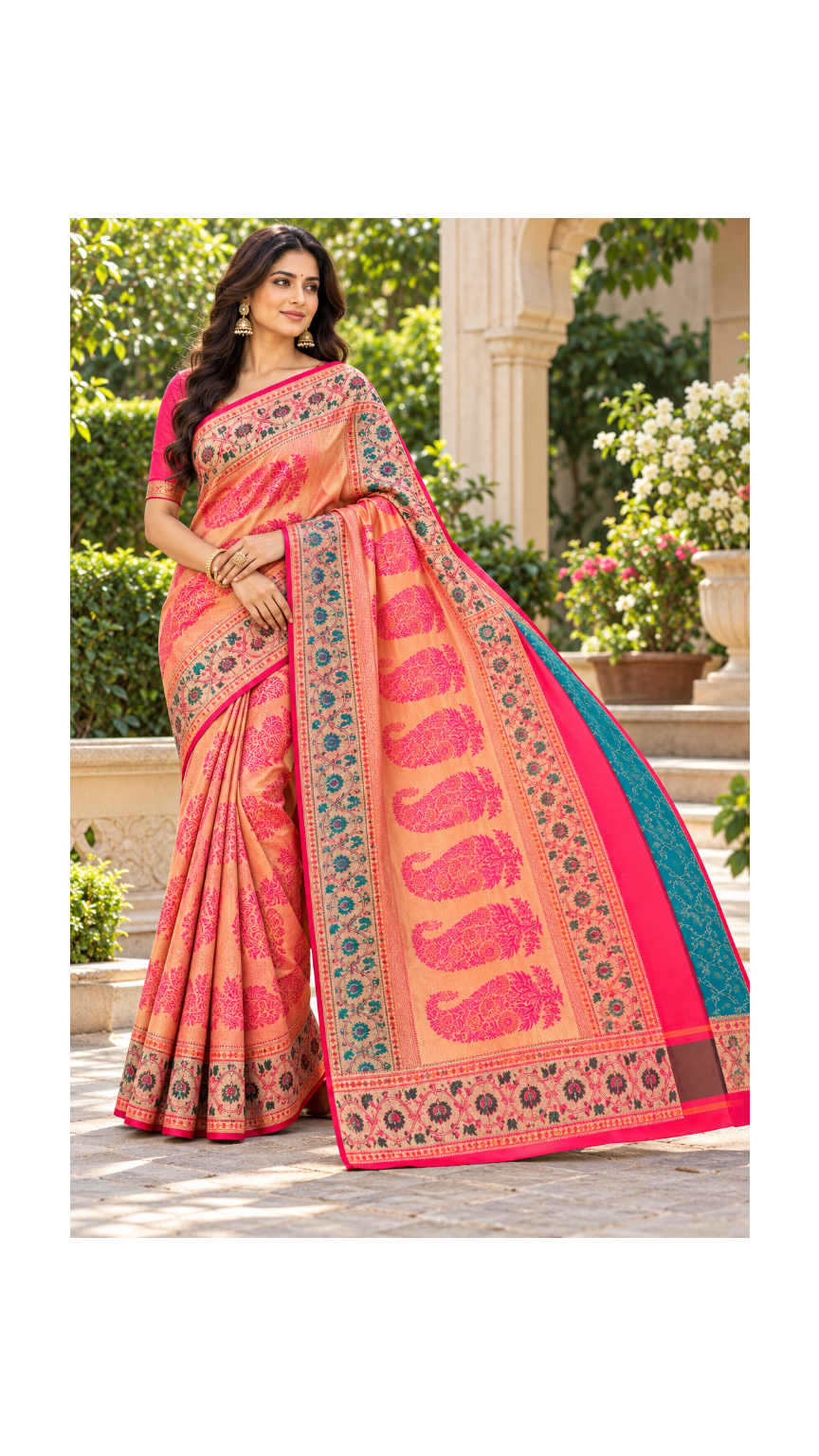 Peach Pink Floral Paithani Saree Main image
