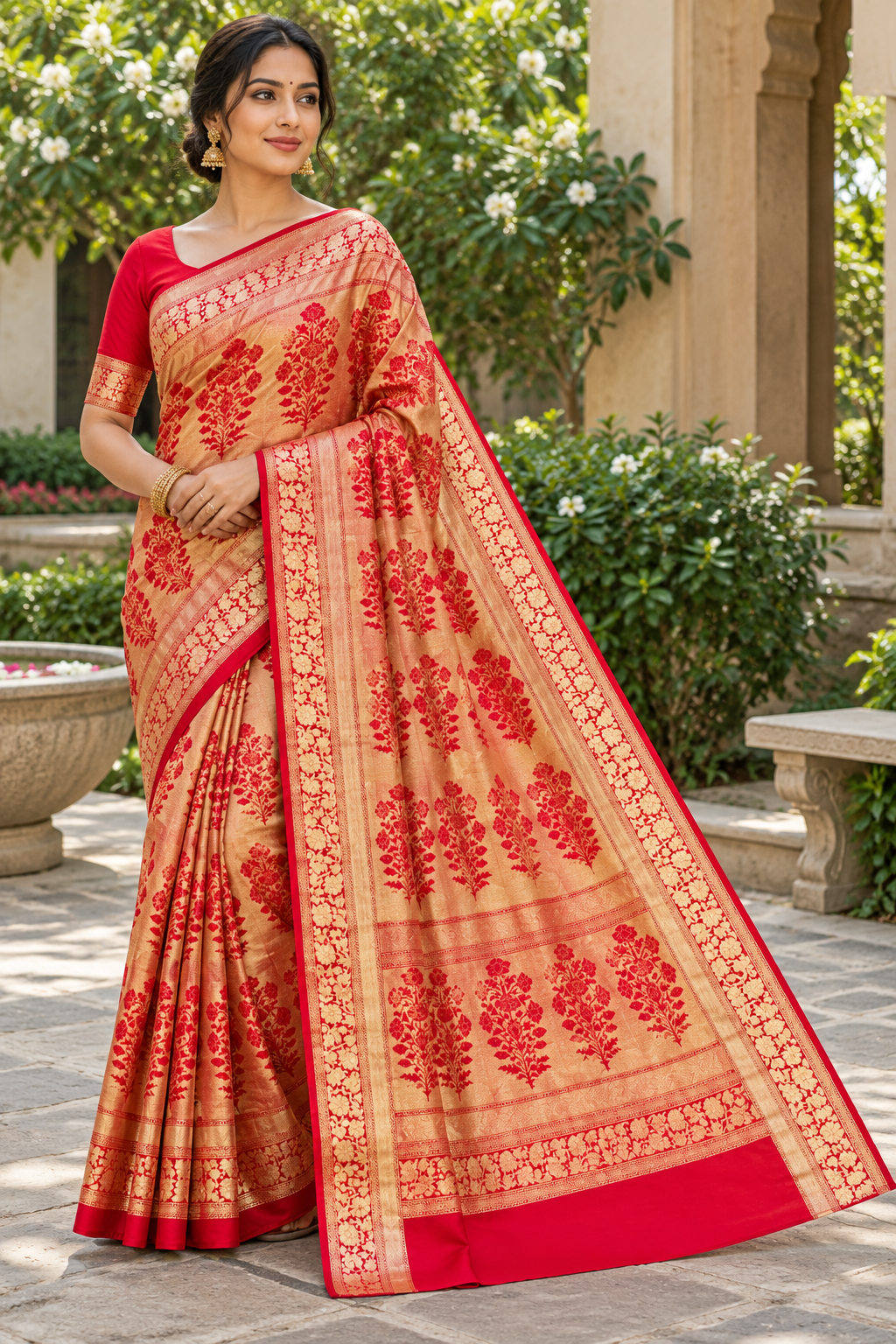 Red Floral Silk Saree Main image