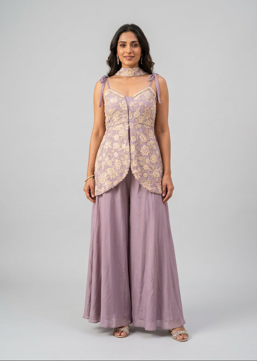 Lavender Embroidered Peplum Palazzo Set Main image