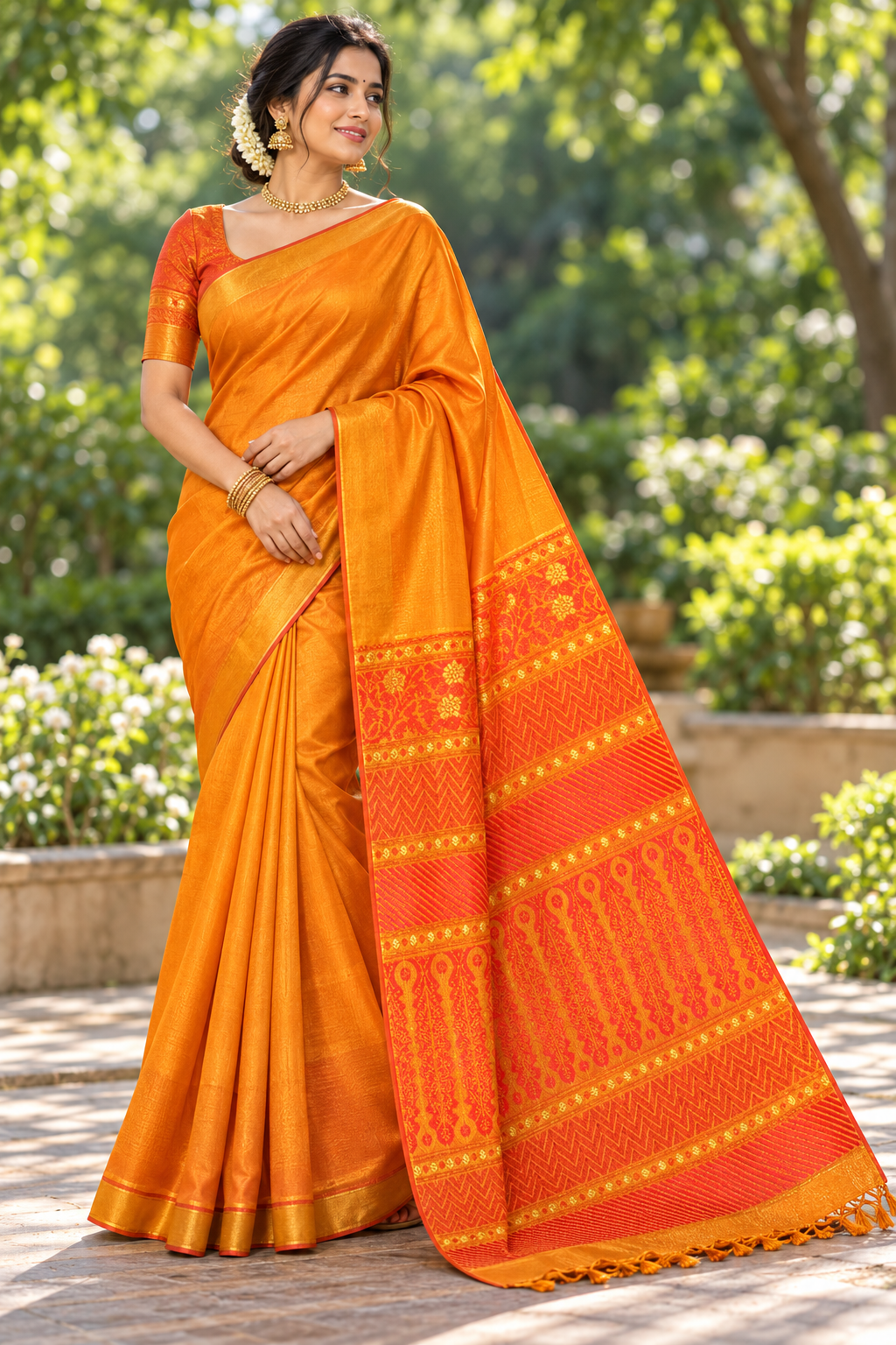 Golden Orange Woven Silk Saree