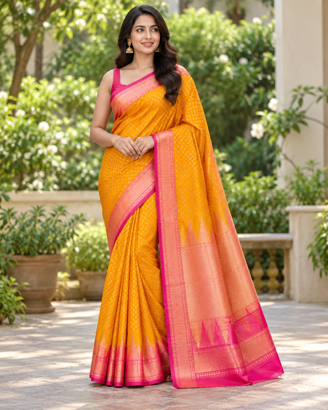 Elegant Mustard Yellow & Rani Pink Zari Border Saree Main image